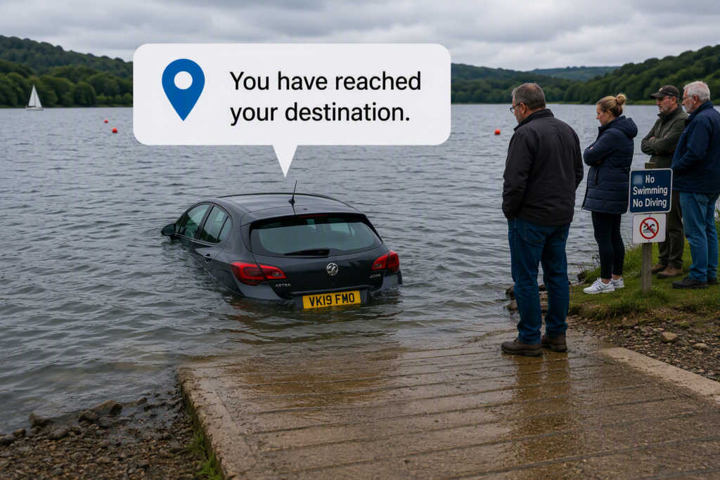 A car having been driven into a lake by Sat-Nav