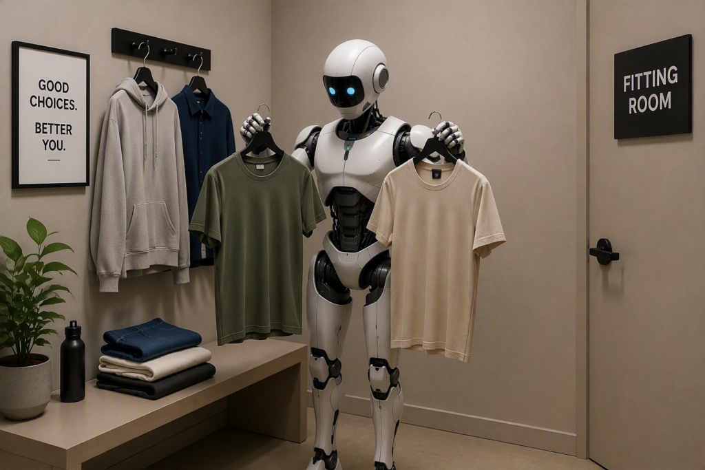 A robot choosing between 2 t-shirts in a changing room