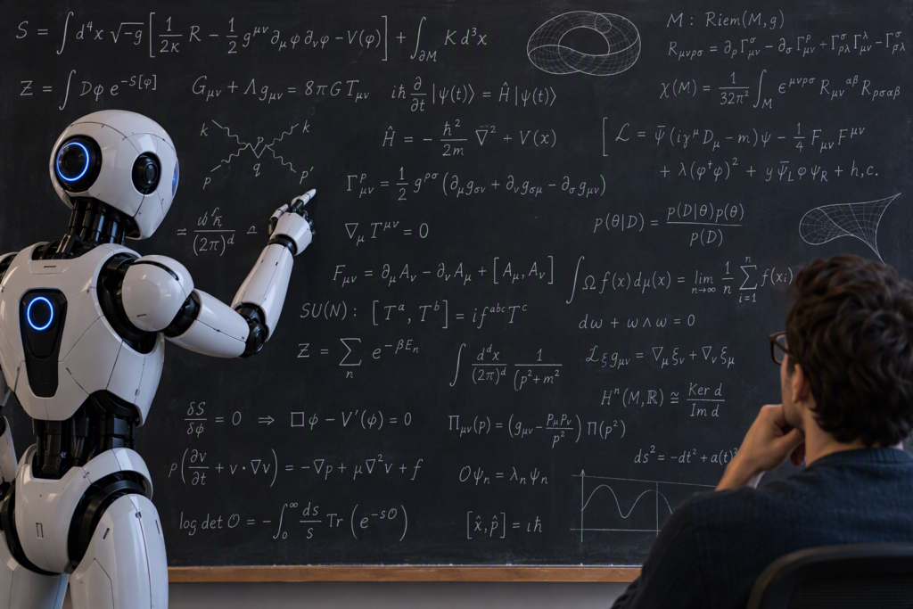 An image of an AI writing complex equations while a human looks on