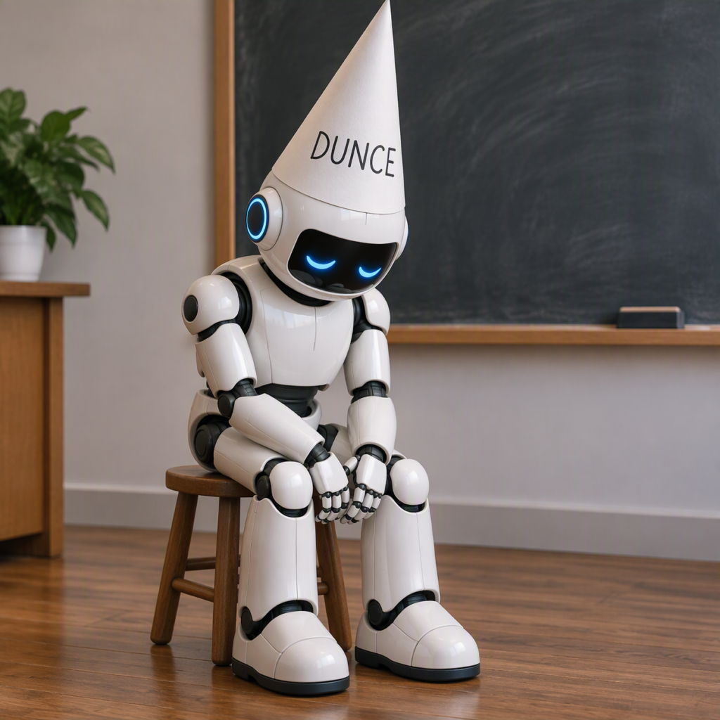 A robot sitting in a classroom with a dunce hat on